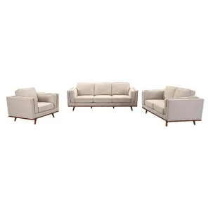 3 2 Seater Sofa Beige Fabric Lounge Set for Living Room Couch with Wooden Frame