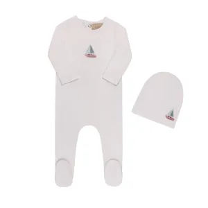 Baby Boy Footie   Hat | Embroidered Boat | White |  Tricot Bebe  | SS25