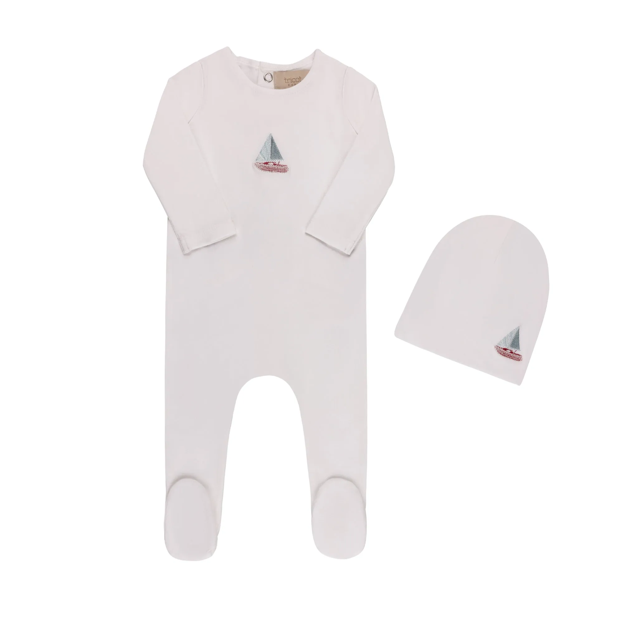 Baby Boy Footie   Hat | Embroidered Boat | White |  Tricot Bebe  | SS25