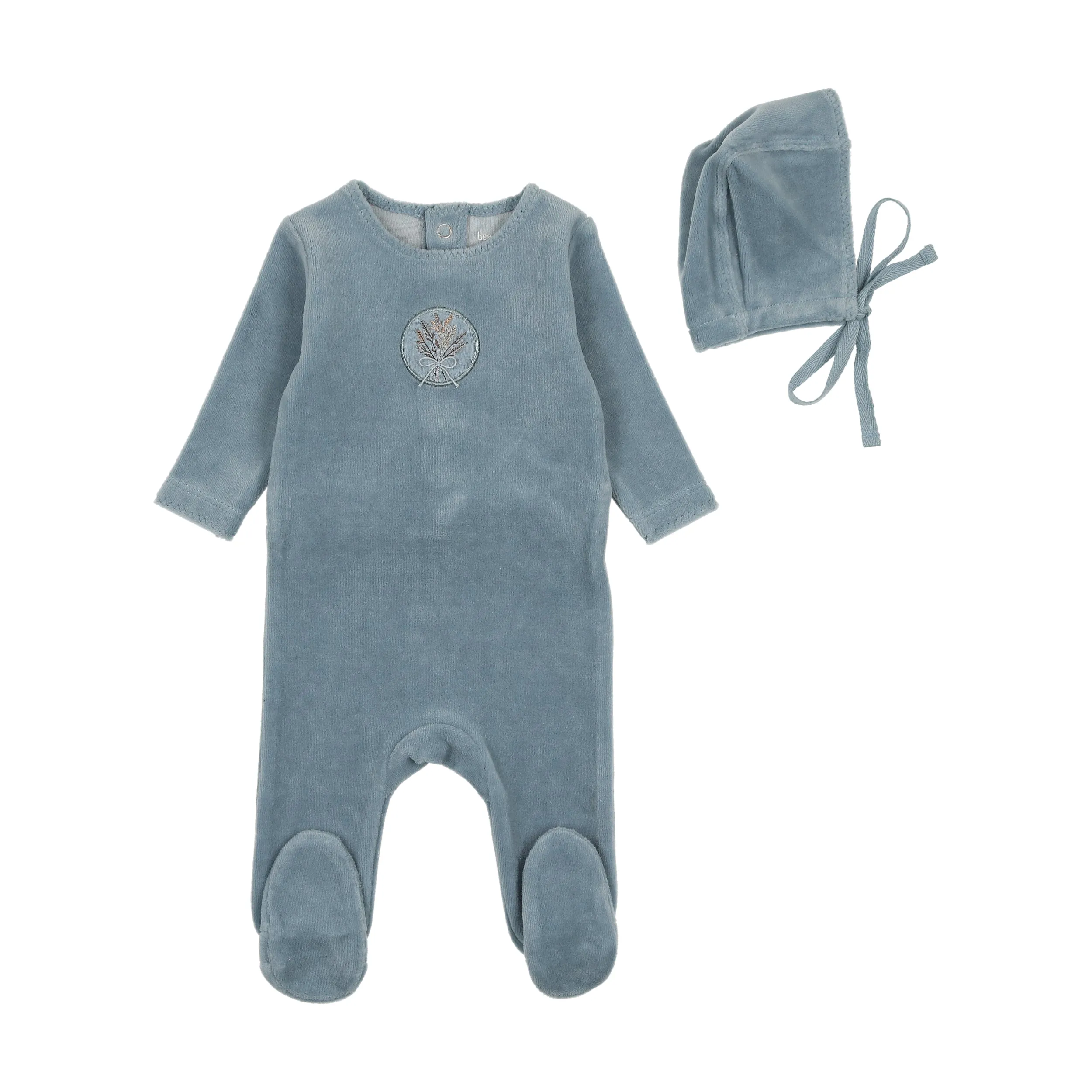Baby Boy Footie   Hat | Embroidered Center Embossed | Blue Fog  | Bee and Dee