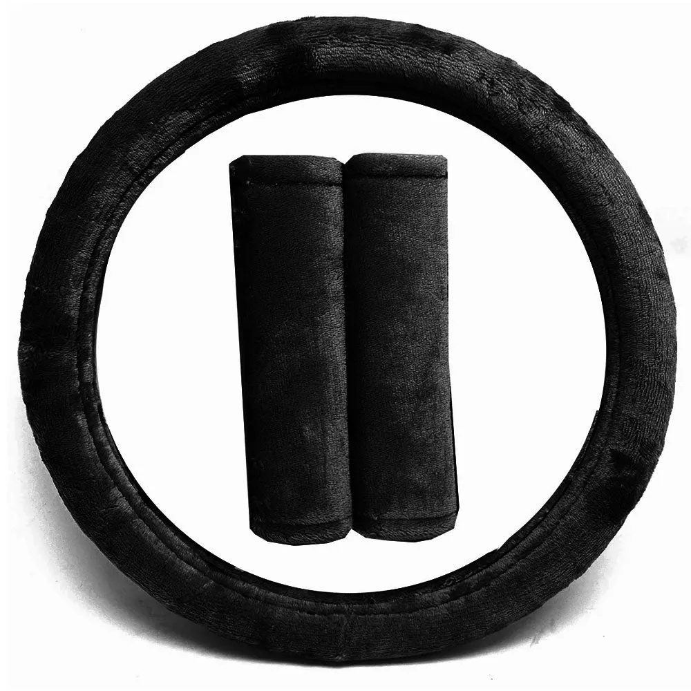 Black Plush Steering Wheel Cover Universal 15 inch Soft Velvet Seatbelt Cushion