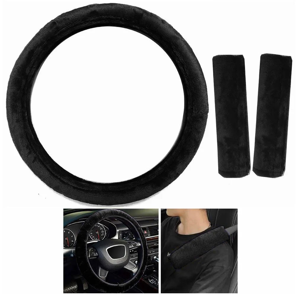 Black Plush Steering Wheel Cover Universal 15 inch Soft Velvet Seatbelt Cushion