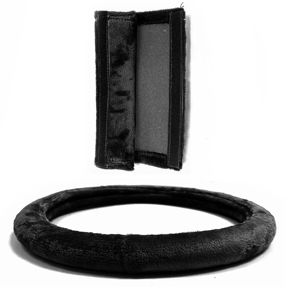 Black Plush Steering Wheel Cover Universal 15 inch Soft Velvet Seatbelt Cushion