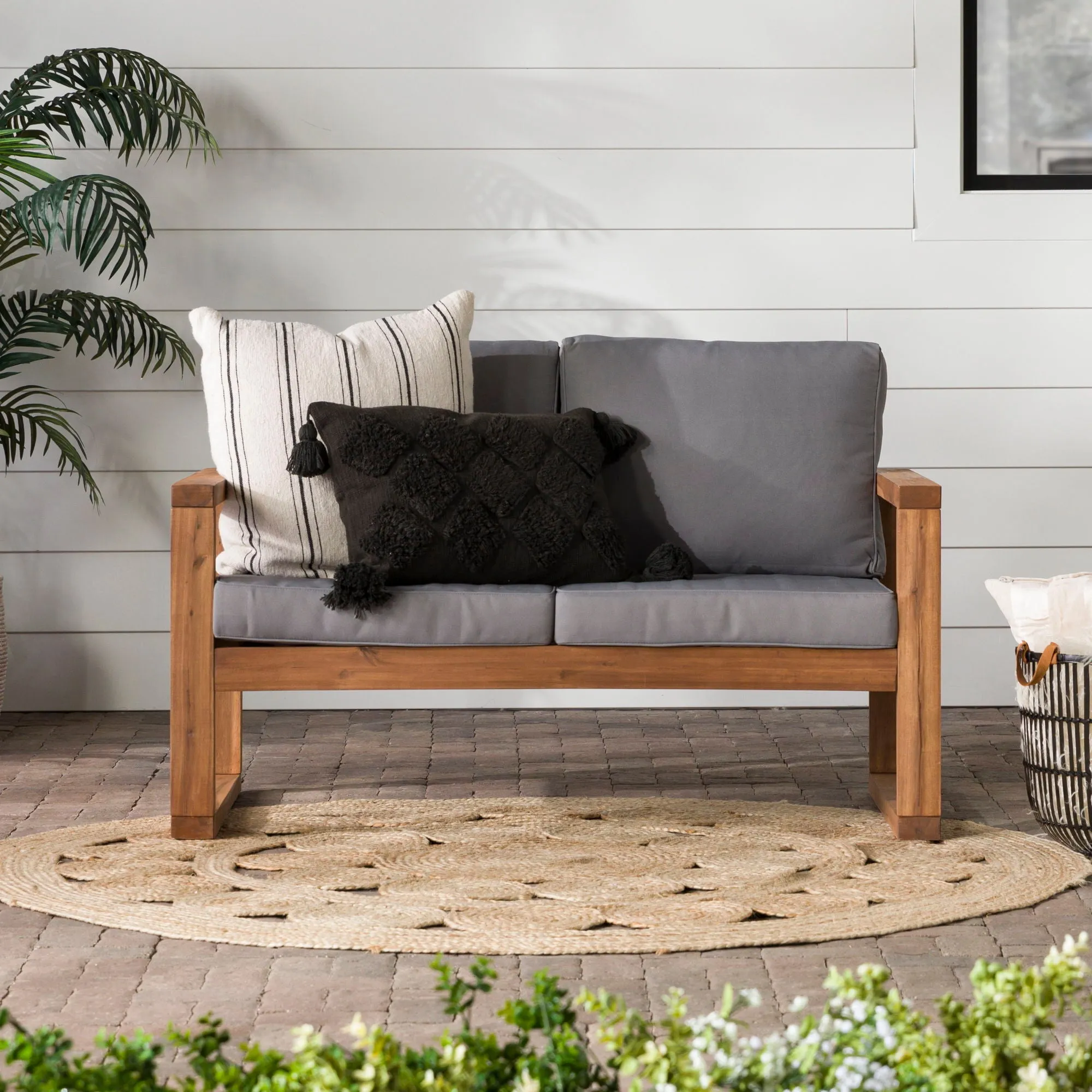 Contemporary Solid Acacia Wood Loveseat With Cushions - Brown by Couch.com