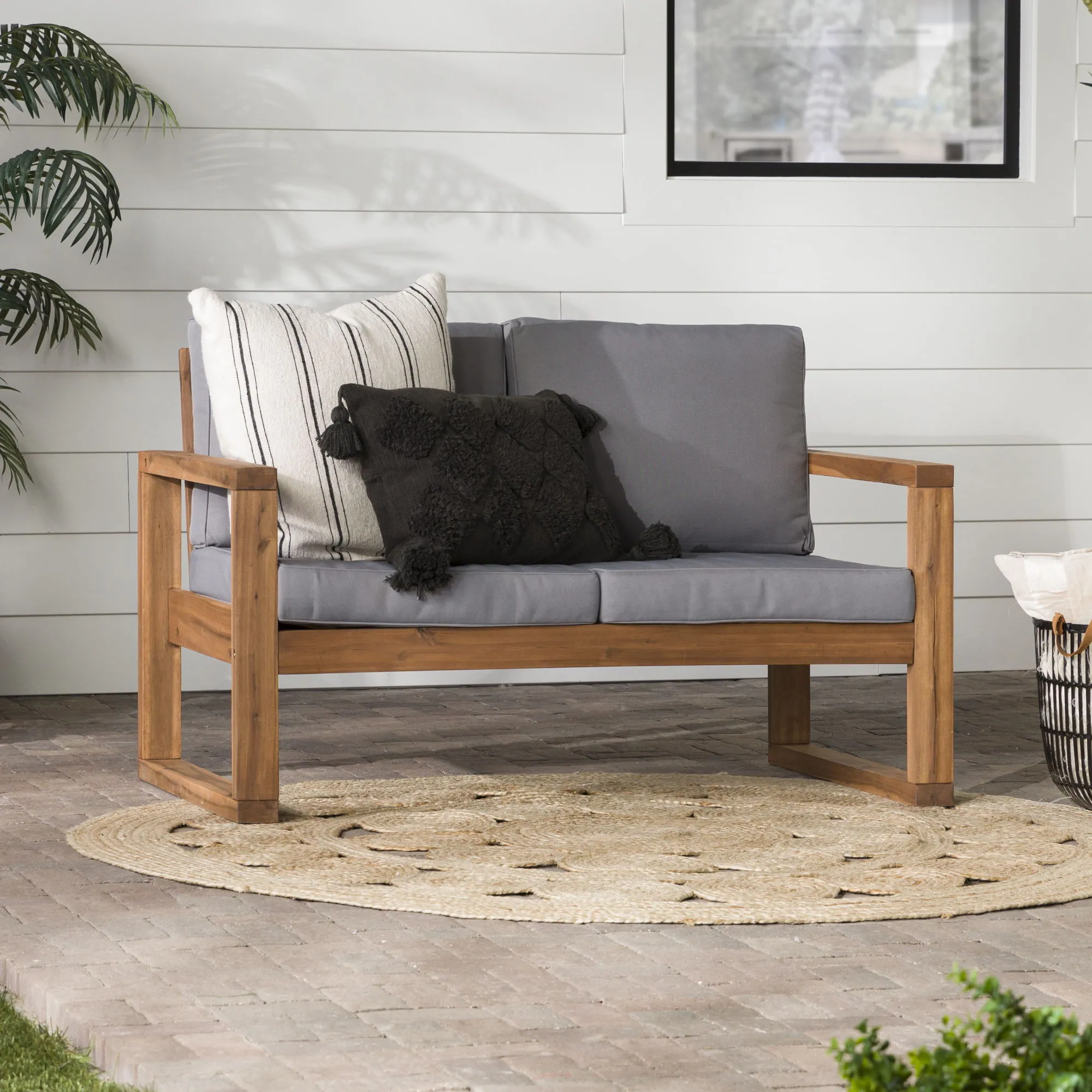 Contemporary Solid Acacia Wood Loveseat With Cushions - Brown by Couch.com