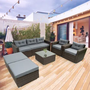 Couch.com 6 Piece Patio Rattan Wicker Outdoor Furniture Conversation Sofa Set With Removeable Cushions And Temper Glass Tabletop Brown, Durable Design, Weather-Resistant, Rattan Construction by Couch.com