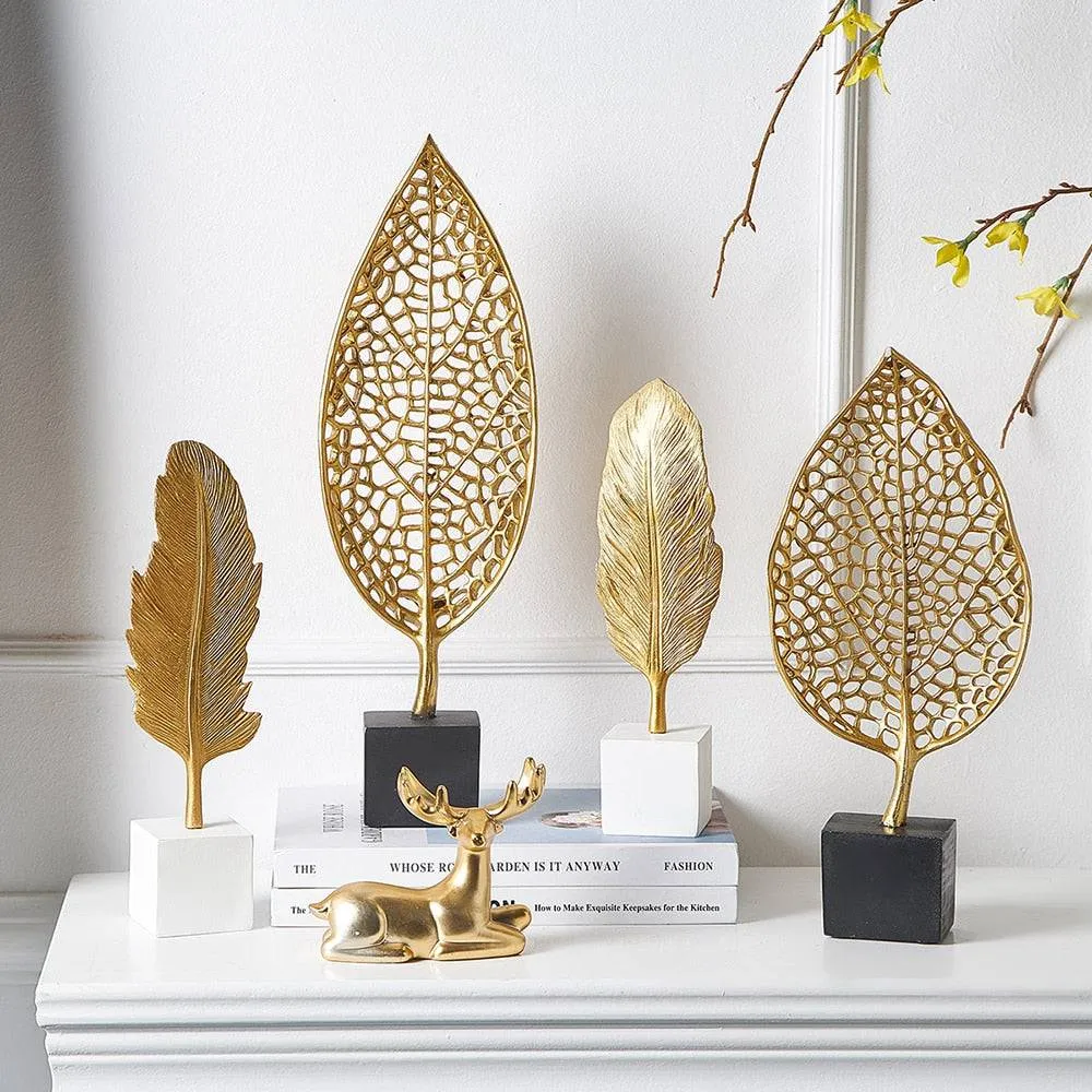 Creative Modern Golden Leaf Ornament Home Living Room Decoration Metal Figurines Flowers Ornaments Miniature Metal Figurines