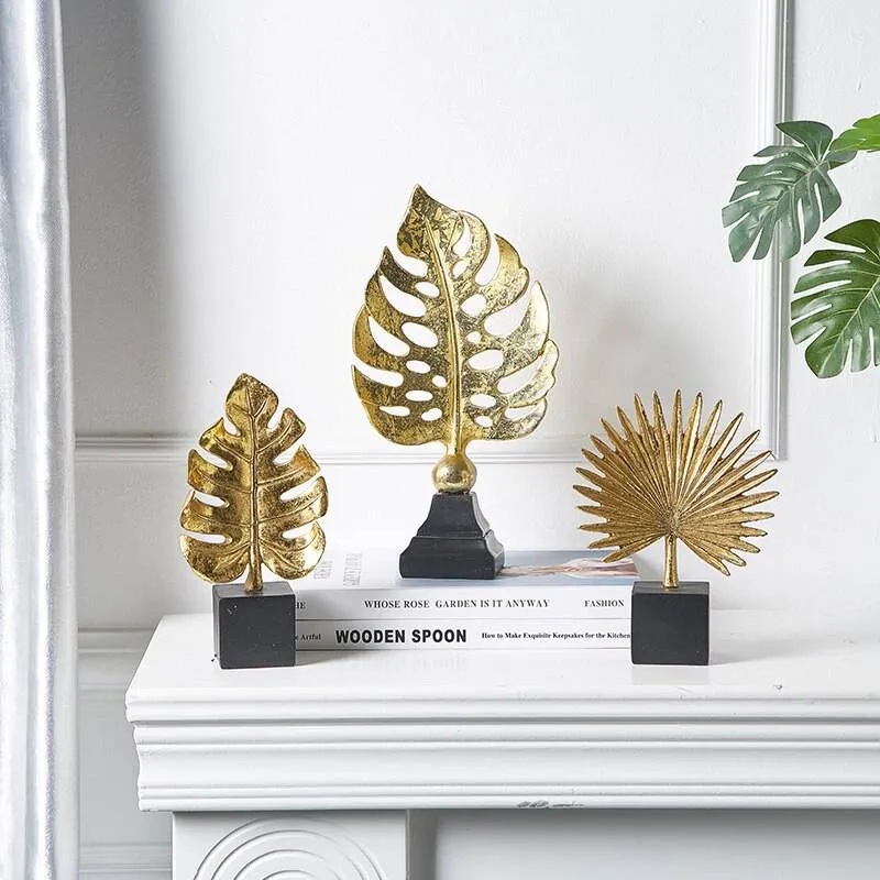 Creative Modern Golden Leaf Ornament Home Living Room Decoration Metal Figurines Flowers Ornaments Miniature Metal Figurines