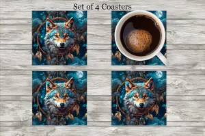 Midnight Wolf Native Western Neoprene 4 Inch Square Coasters - Set of 4