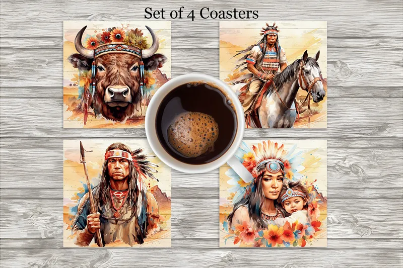 Native American Western Neoprene 4 Inch Square Coasters - Set of 4