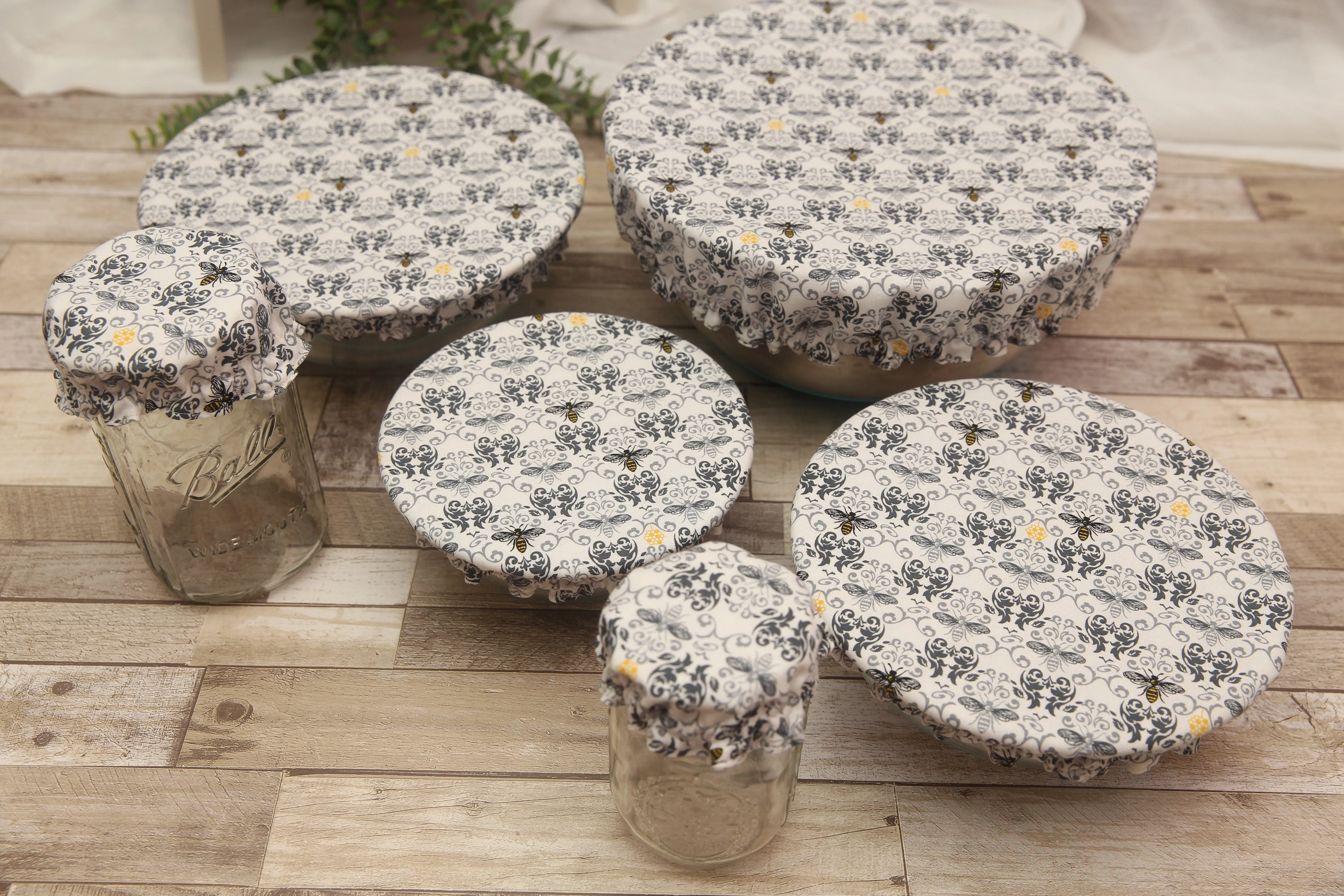 NON-PROP (Damask Bees) Bowl, Jar, Cup, Plate COVERS; Hot Pad; Jar Opener; Damask Bees; MADE TO ORDER