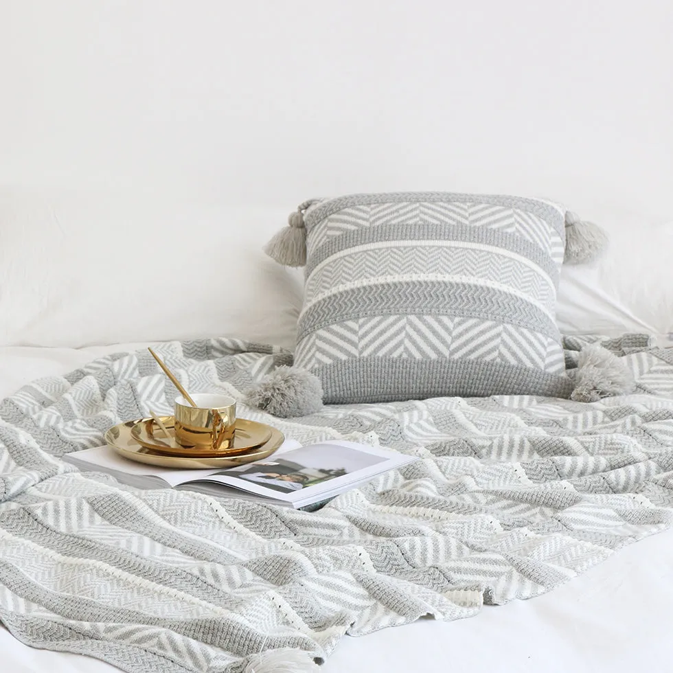 Nordic Knitted Gray Stripe Pillow Cover with Tassel Design