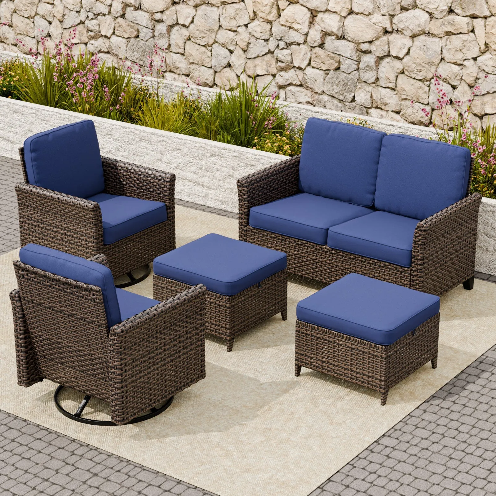Ocean Vista Wicker Outdoor Patio Furniture Set w/ Loveseat,Patio Chairs , 5 Piece