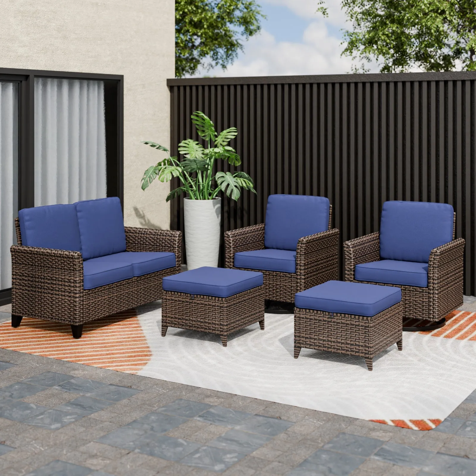 Ocean Vista Wicker Outdoor Patio Furniture Set w/ Loveseat,Patio Chairs , 5 Piece