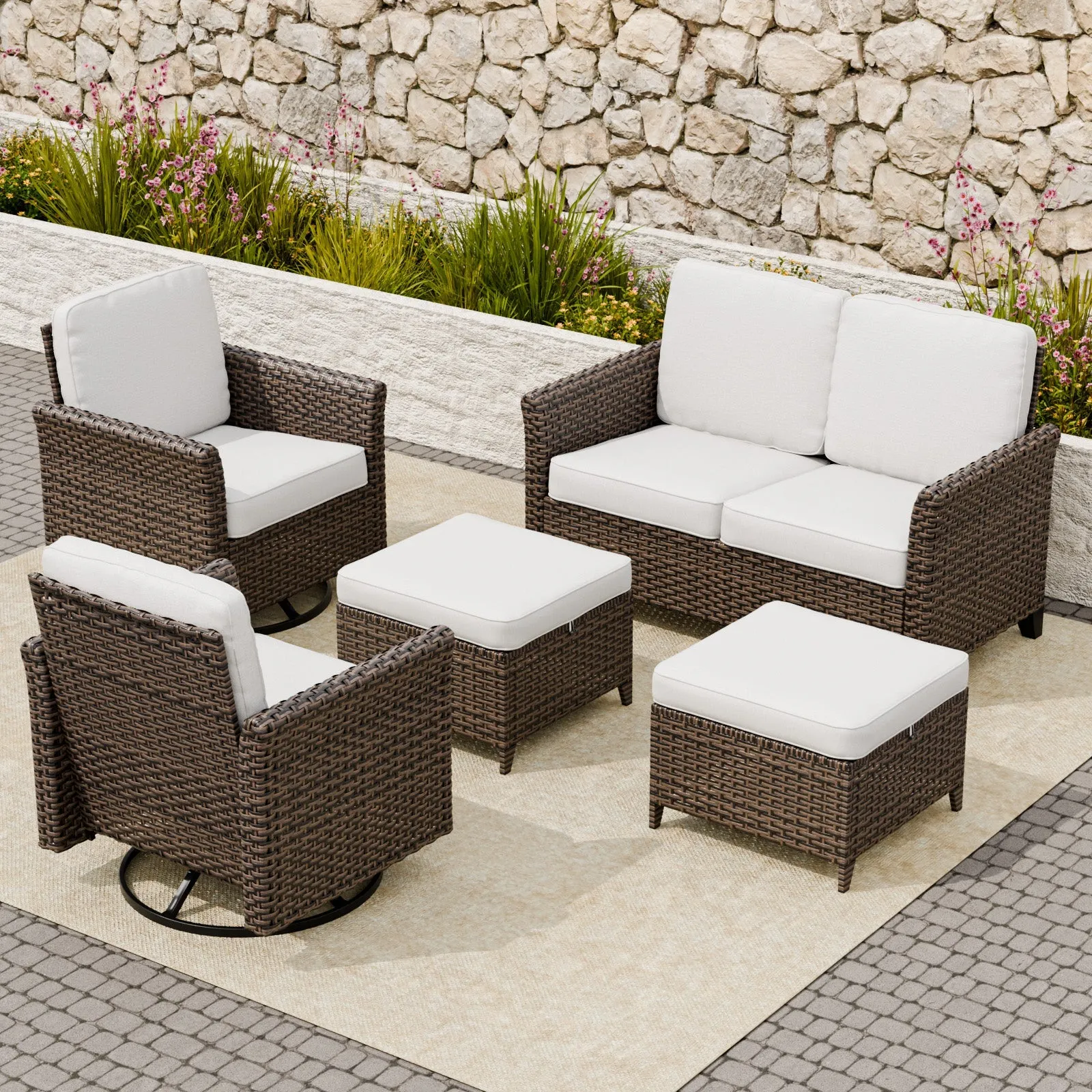 Ocean Vista Wicker Outdoor Patio Furniture Set w/ Loveseat,Patio Chairs , 5 Piece