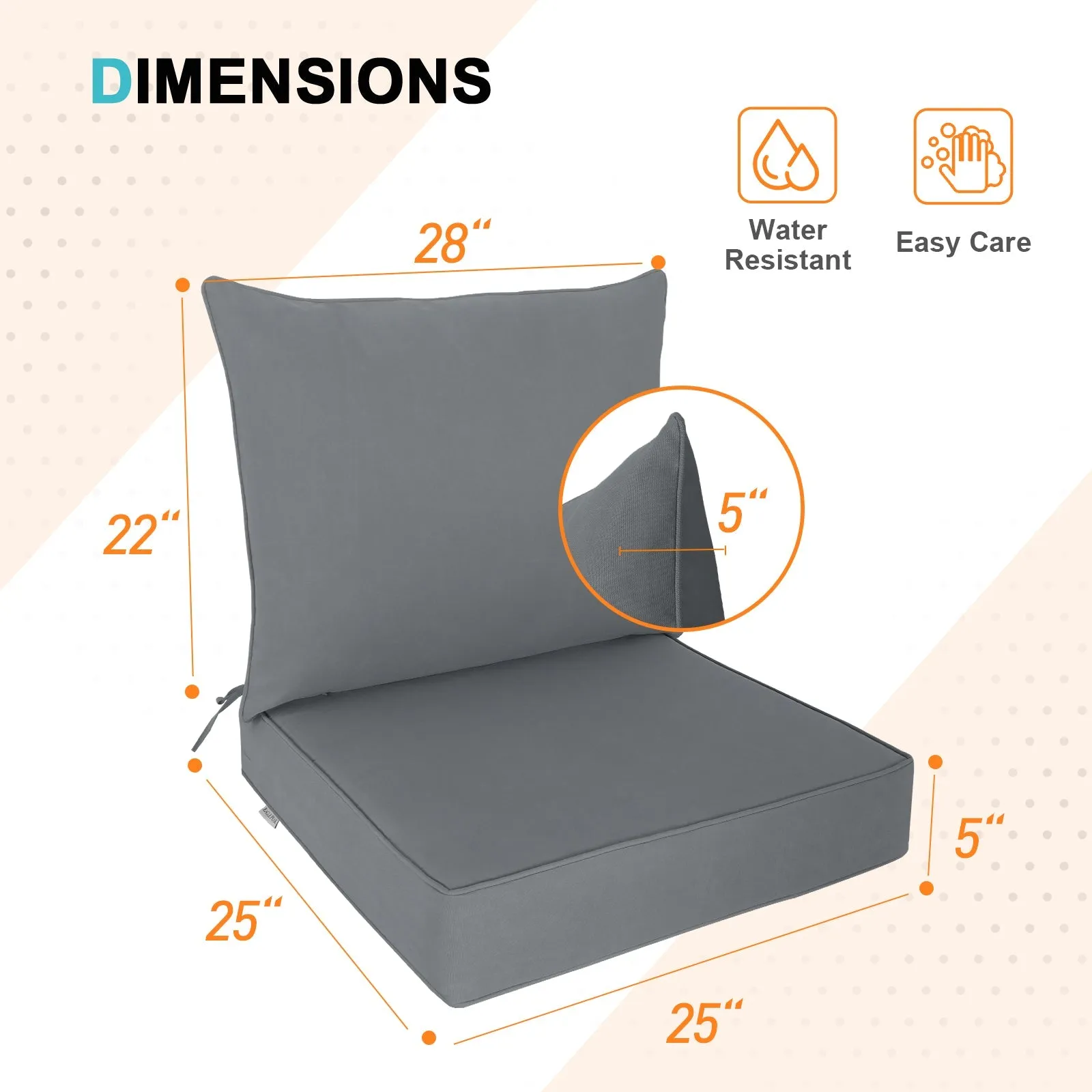 Outdoor Deep Seat Cushion Set, 25 x 25 x 5 inch, Set of 4