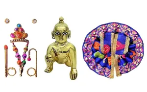 Size 3 Laddu Gopal Thakur ji Statue Pital Brass Murti Kanha ji with pushak mukut,Metal Baby Krishna Bal Gopal Thakurji Size 3 Decorative Showpiece Decorative Showpiece - 8 cm (Brass, Multicolor)